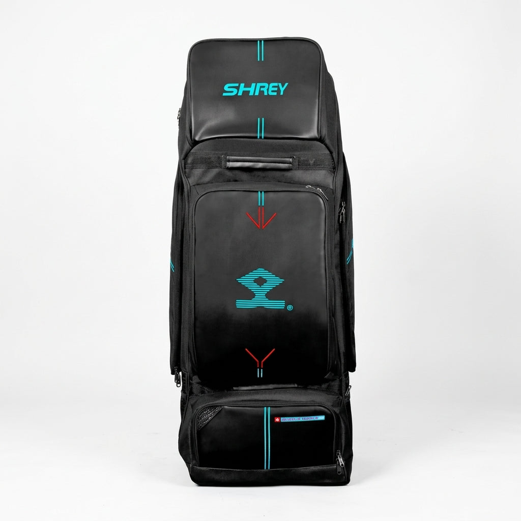 Black Shrey Kitbag Meta Duffle Wheelie 120 from Cric Studio Canada with durable wheels and multiple compartments.