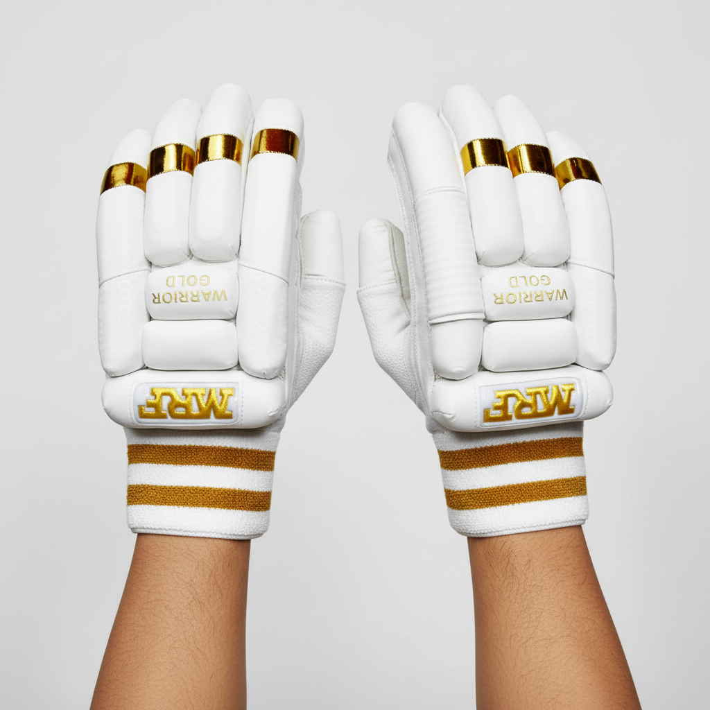 Cric Studio Canada MRF Warrior Gold cricket batting gloves with padded palms and adjustable straps for cricket players