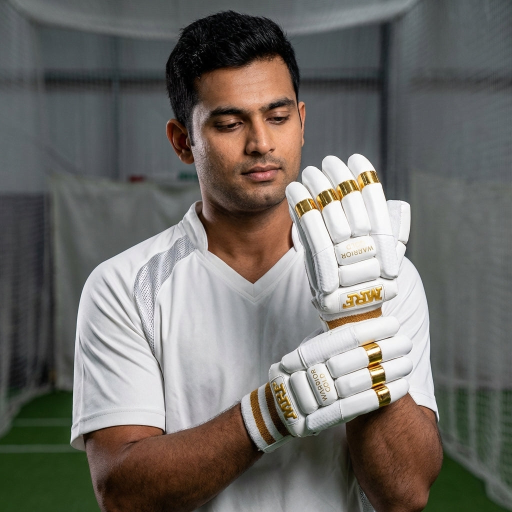 Cric Studio Canada MRF Warrior Gold cricket batting glove with padded palms and breathable fabric for enhanced grip and comfort