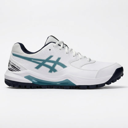 Asics Gel Lethal Field 2 cricket shoes with black and white design, featuring cushioned soles and supportive sports footwear.