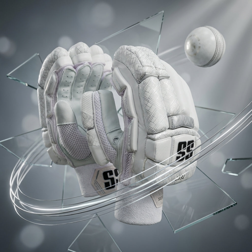 Cricket batting gloves from Cric Studio Canada, test grade, padded for protection, with white and black design and adjustable straps.