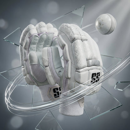 Cricket batting gloves from Cric Studio Canada, test grade, padded for protection, with white and black design and adjustable straps.