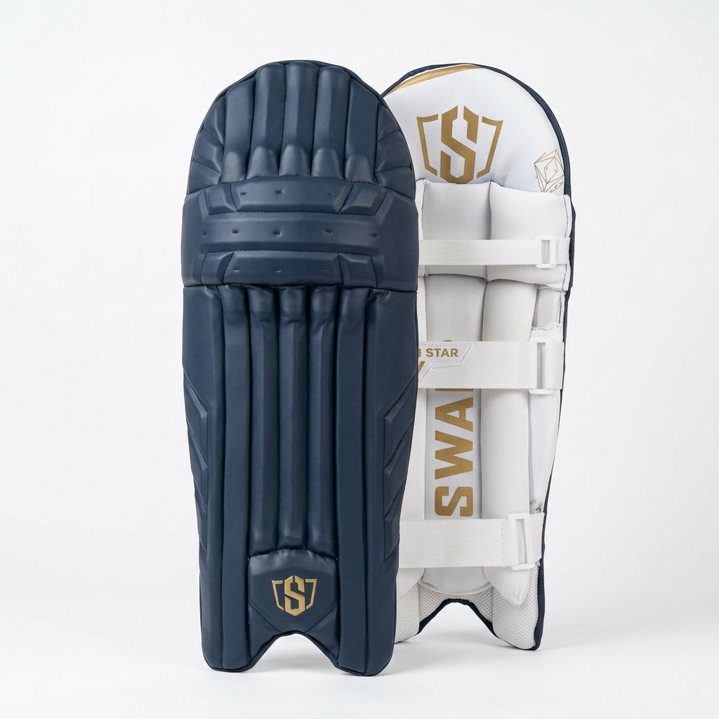 Cric Studio Canada Swar Test Batting Legguard with padded protection, adjustable straps, and durable design for cricket batting.