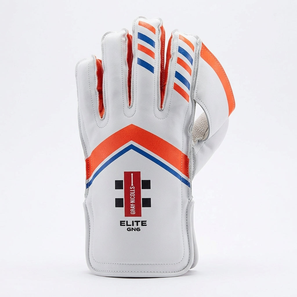 Gray Nicolls GN 6 Elite wicketkeeping gloves with padded palms and adjustable straps, designed for cricket wicket keepers.