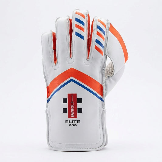 Gray Nicolls GN 6 Elite wicketkeeping gloves with padded palms and adjustable straps, designed for cricket wicket keepers.