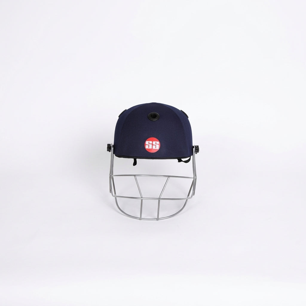 Cric Studio Canada SS Helmet Prince helmet with white and blue design, featuring a secure chin strap and ventilation vents.