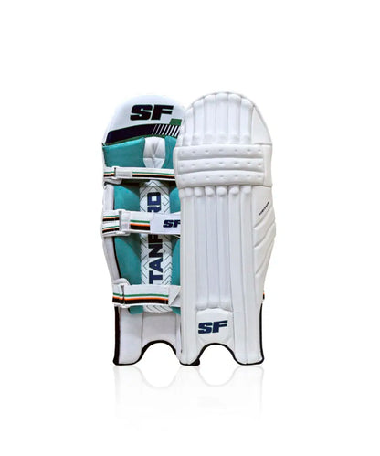 Cric Studio Canada SF Powerbow batting leg guards with protective padding, designed for cricket players, shown in a natural stance.