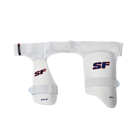 Cric Studio Canada SF Thigh Pad Pro Combo MRH thigh guard with protective padding, black and gray design for cricket players.