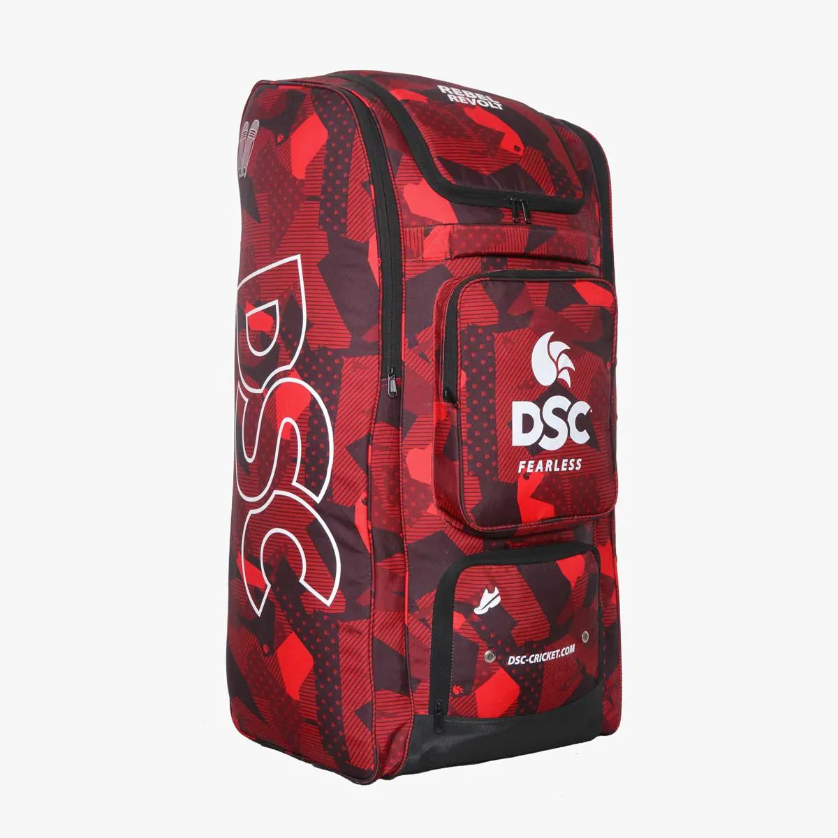 Cric Studio Canada DSC Rebel Revolt Duffle Kit Bag shown from front with black handles and logo, ideal for travel and sports.