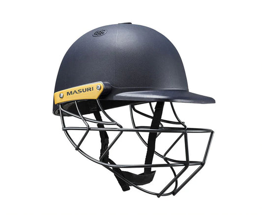 Senior navy Masuri C Line Steel helmet with reinforced steel shell and adjustable straps, designed for cricket players.