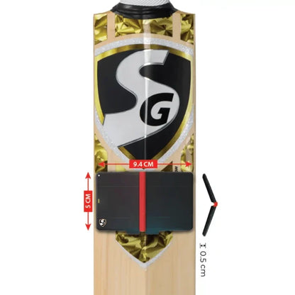 Close-up dimensions of SG Str8bat Cricket Bat Sensor mounted on cricket bat