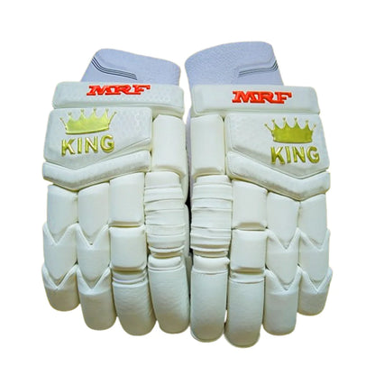 MRF Genius King cricket batting gloves with padded palms and adjustable wrist straps, designed for cricket players.