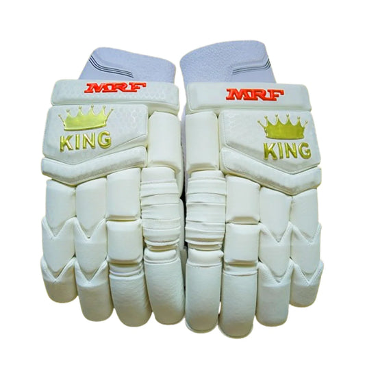 MRF Genius King cricket batting gloves with padded palms and adjustable wrist straps, designed for cricket players.