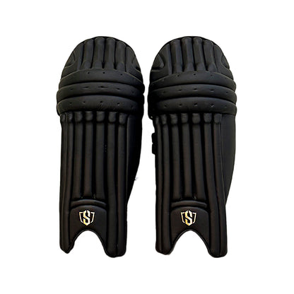 Cric Studio Canada Swar Apothesis premium cricket batting leg guards in black, providing protection for cricket players.